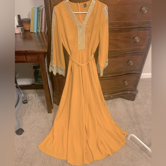 SHEIN Dresses & Skirts - Yellow Orange Mustard Mango Flowy Bell Sleeve Gold Lace Maxi Dress Belt SHEIN
